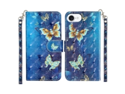 Capa De Couro Para Iphone 16e Com Estampa 3d E Borboletas Azuis E Douradas