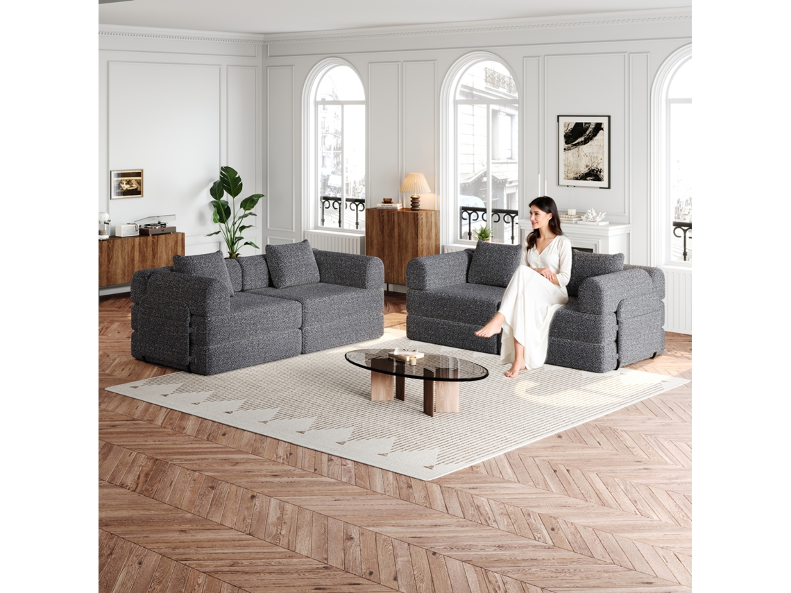 Sofá-cama 2 Em 1 Em Chenille Com Arrumação Nos Braços E Configuração Modular Patenteada