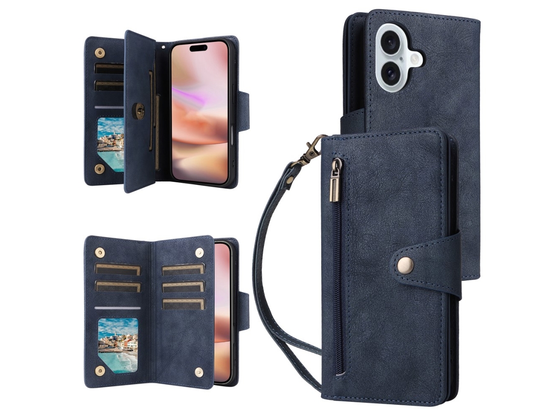 Capa Em Couro Pu Para Apple Iphone 16, Cor Azul