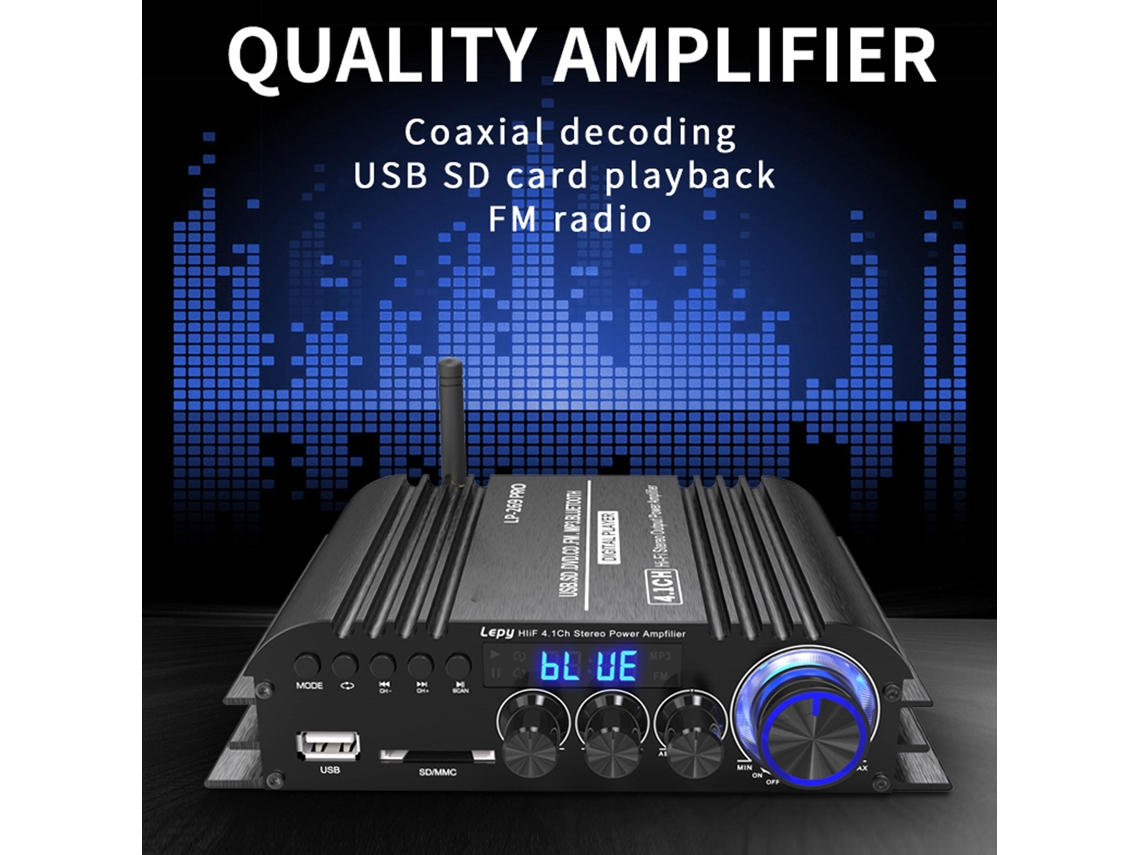 Amplificador Stereo 4.1Ch Bluetooth 5.0 com Controle Remoto, Reprodução Múltipla 100-240V