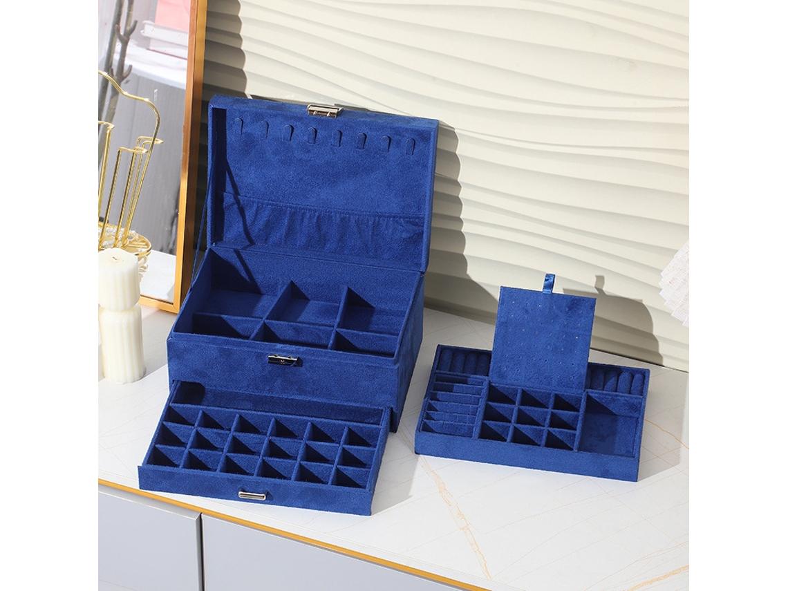 Caixa de Jóias de Três Camadas em Feltro de Camurça com Cadeado Azul 24,5 * 17 * 11,5 Cm ZSANFS