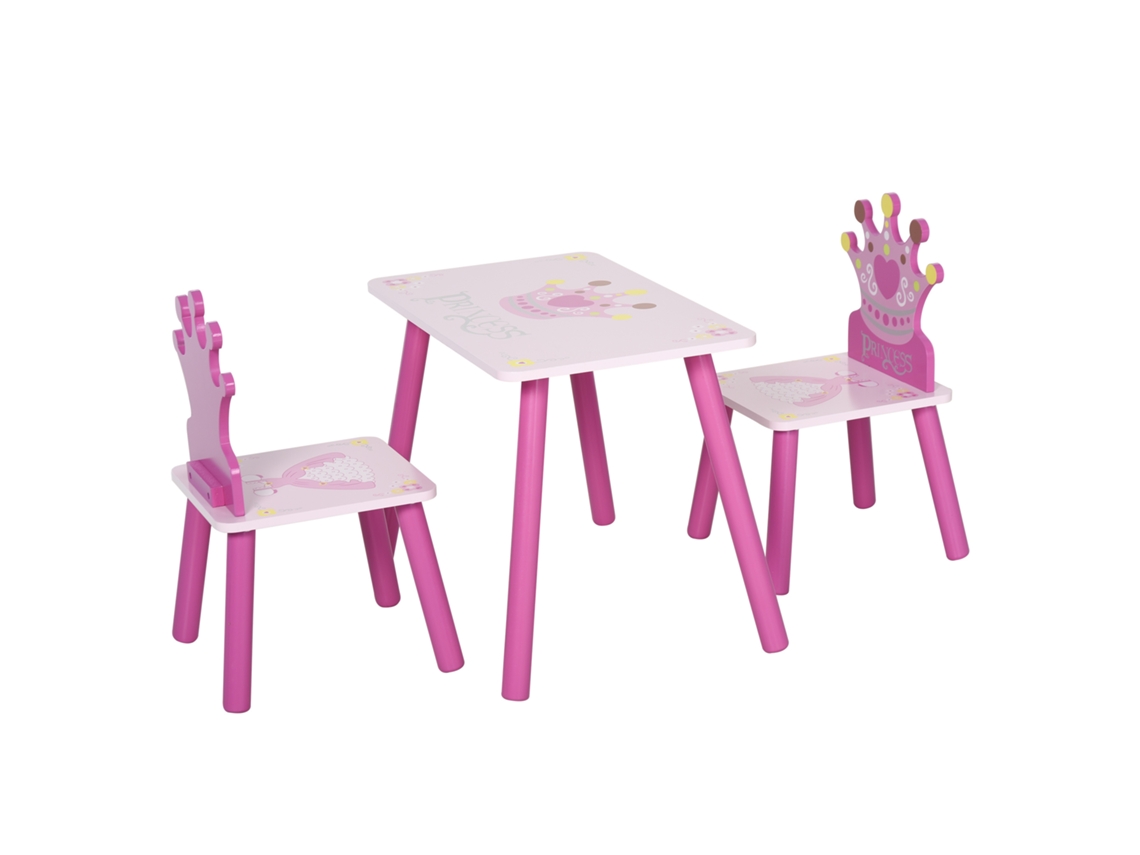 Conjunto De Mesa Com Tema De Princesa E 2 Cadeiras O Quarto Infantil Com Encosto Em Forma De Coroa, Rosa, Madeira