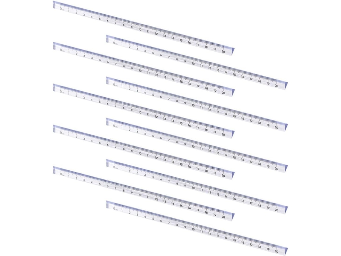 Conjunto de 10 réguas triangulares de plástico transparente para desenho, medição e escala, ideais para estudantes e profissionais.
