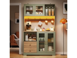 Armário Alto De Cozinha 178 Cm Com Led E Tomada, Vitrine Em Vidro Temperado, Arrumação Para Vinho, Base Reforçada Imitação Madeira Verde