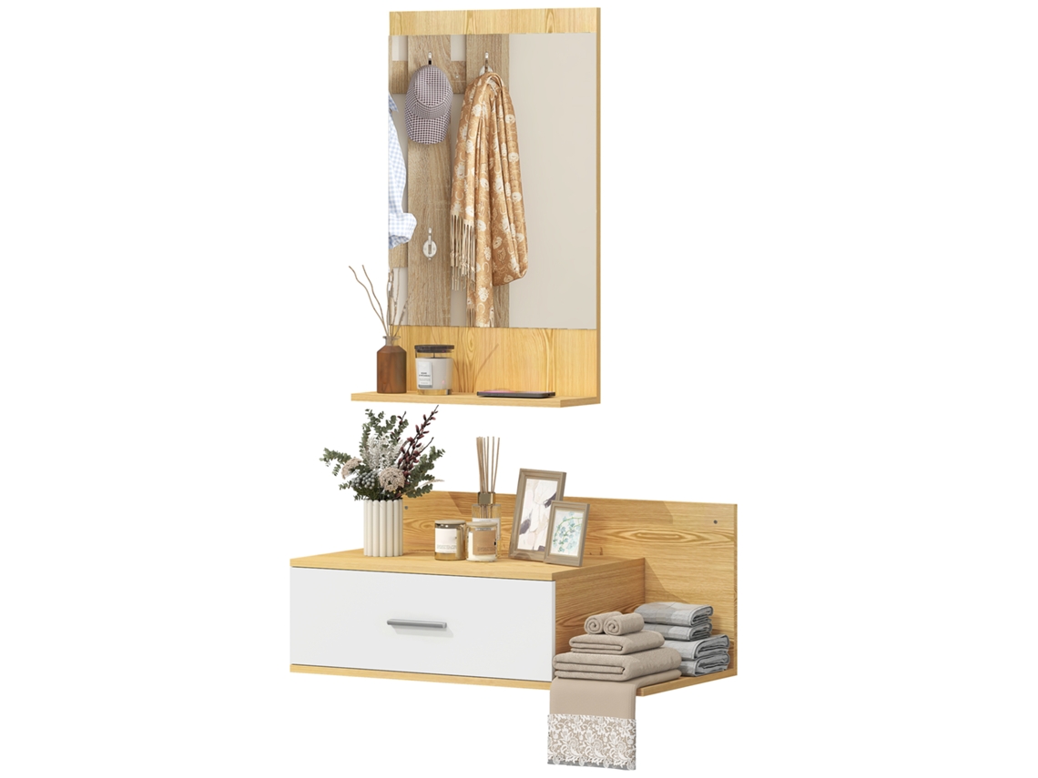 Kit Entrada com Espelho, Prateleira e Móvel de Parede com Gaveta e Duas Prateleiras Madeira e Vidro DECORALAR TECH