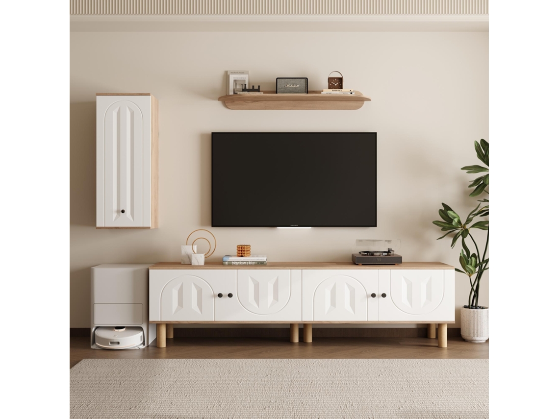 Móvel de TV Branco e Preto Brilhante 190x40x42 cm, 3 Gavetas, 2 Nichos, Moderno Color Block KOMHTOM