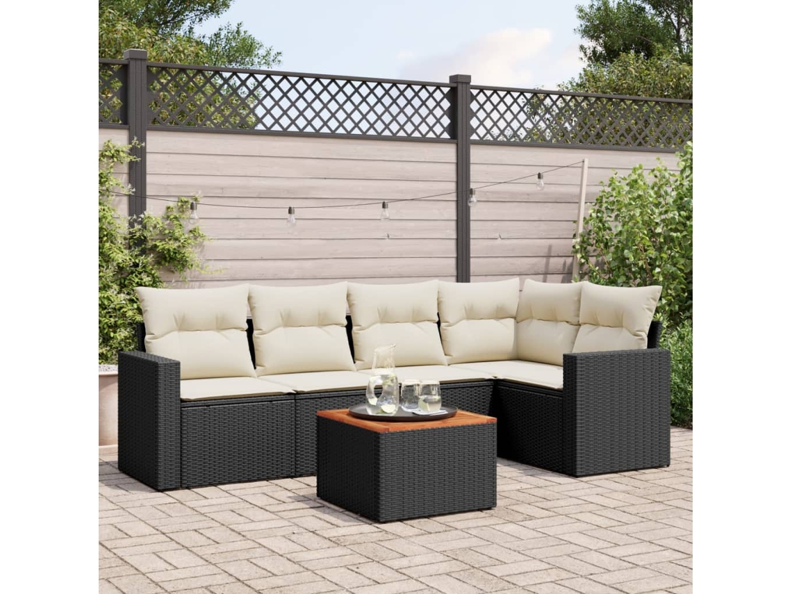 Vidaxl 6 Pcs Conjunto Sofás De Jardim C/ Almofadões Vime Pe Preto
