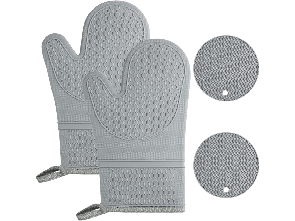 Conjunto De Luvas De Forno - 1 Par Silicone - Com 2 Pegadores - Antiderrapantes - Cinza