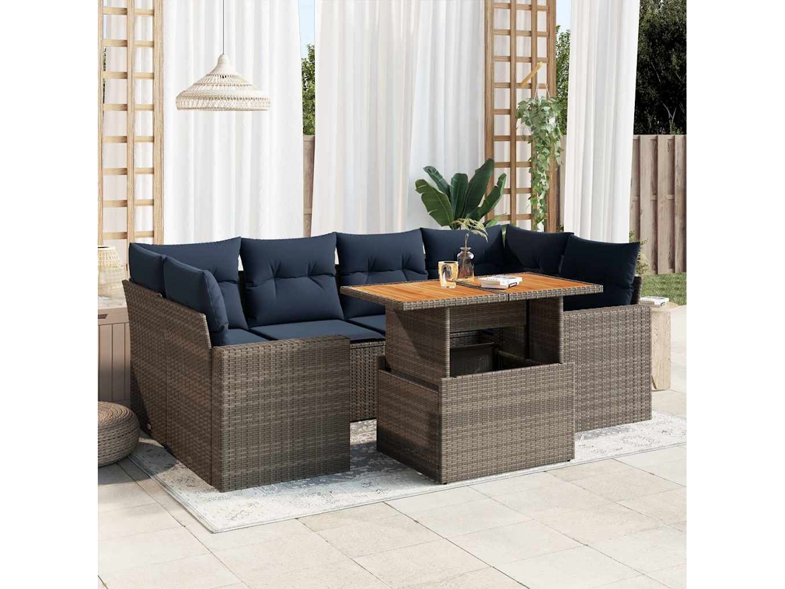 Vidaxl 7 Pcs Conjunto Sofás P/ Jardim C/ Almofadões Vime Pe Cinzento