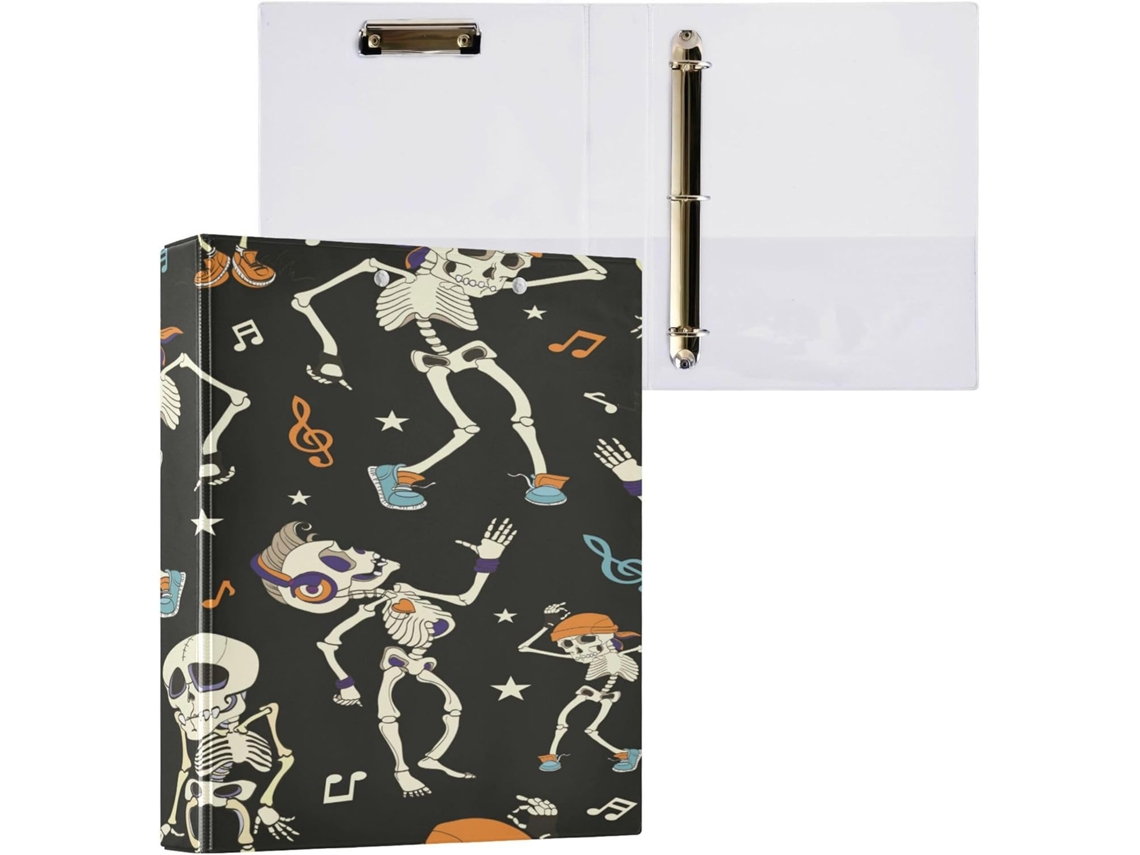 Conjunto de 1 1/2 Pastas 3 Argolas, 2,5 Cm, com Capa Bolso para Estudantes, 200 Folhas, Esqueleto Dançante, Fe