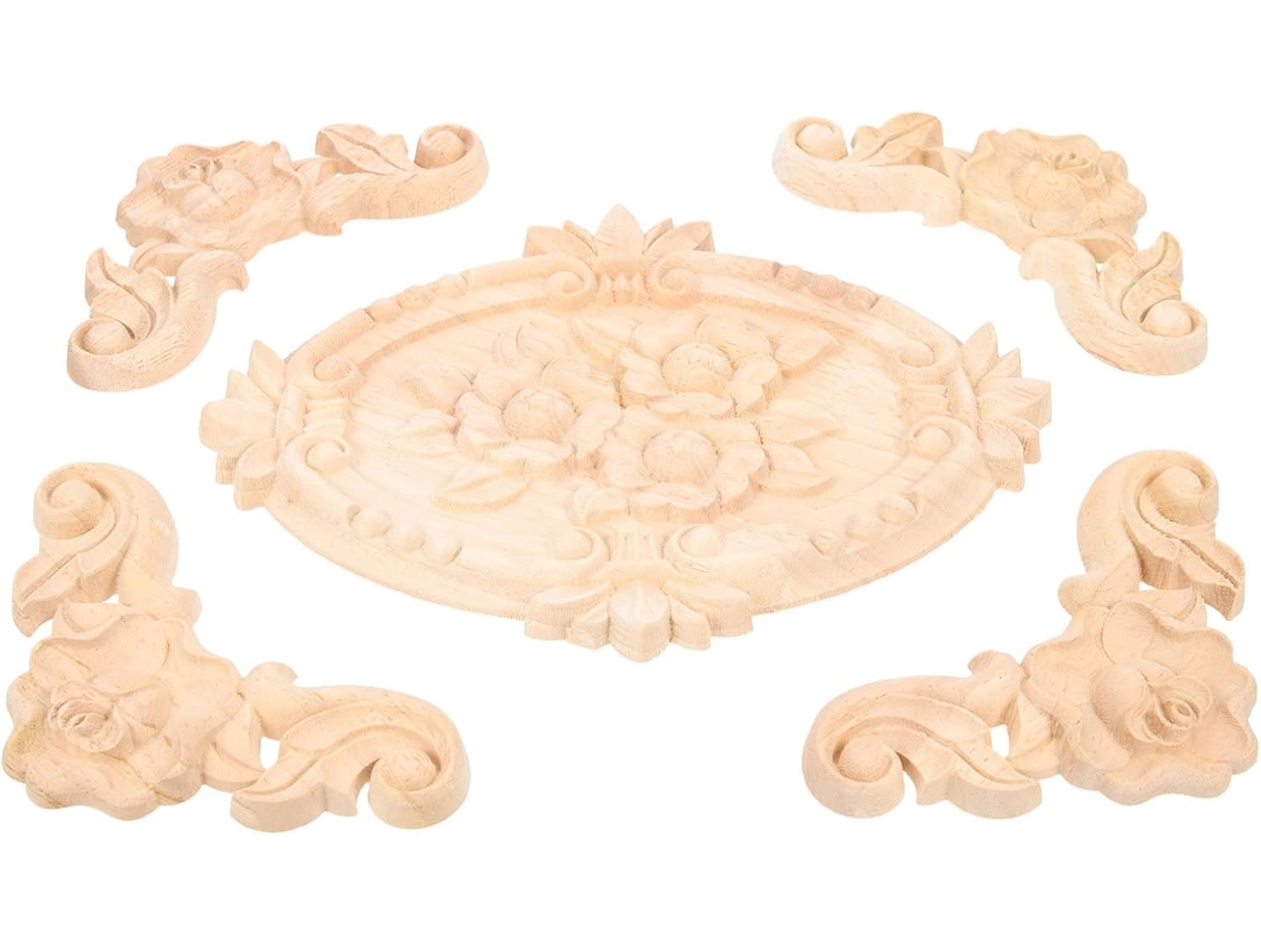 Conjunto De 5 Apliques Decorativos Esculpidos Sem Pintura Para Móveis.