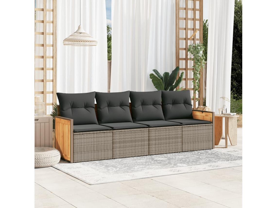 Vidaxl 4 Pcs Conjunto Sofás De Jardim C/ Almofadões Vime Pe Cinzento