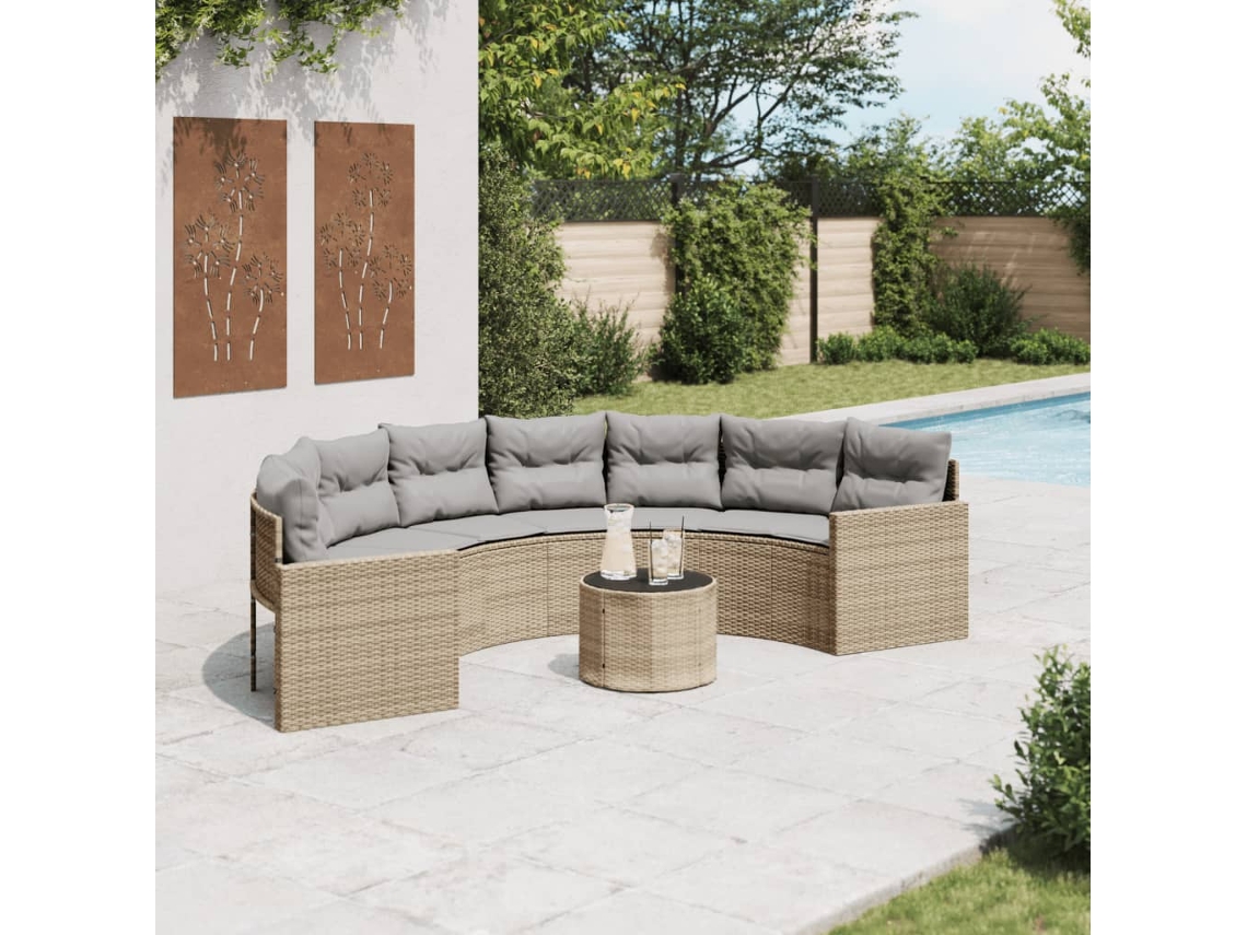 Vidaxl Sofá De Jardim Com Mesa E Almofadões Semicircular Vime Pe Bege