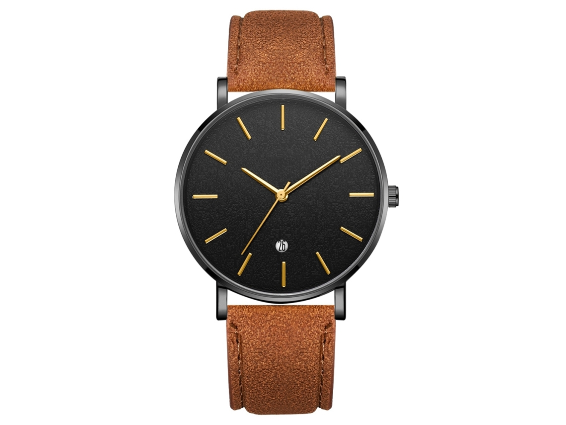 Reloj De Pulsera Analógico De Cuarzo Con Dial Redondo (cinturón Café Caja Negra Espejo Negro Agujas Doradas)
