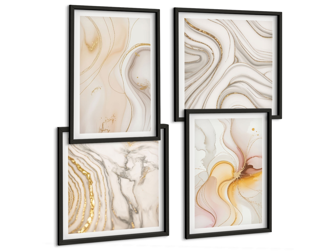 Um Conjunto De Imagens Decorativas Em Uma Moldura Peônias Rosa, Geométrico Moldura Preta Quadros Para O Escritório Espelharte (conjunto De 4 Imagens)
