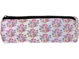 Estojo para lápis com estampa floral, rosa e vermelho.