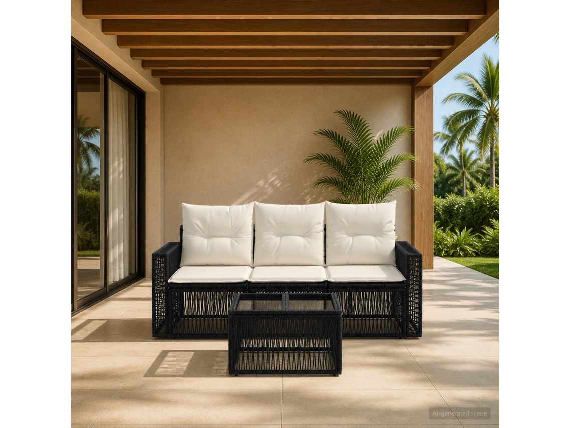 Vidaxl Conjunto De Sofá De Jardim 4 Pcs Preto E Branco Creme Vime Pe