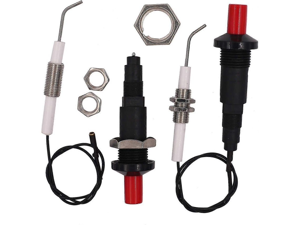 Acendedor piezo universal duplo para churrasqueira a gás com botão de pressão, eletrodos de cerâmica, rosca M10 e cabo de 30 cm.