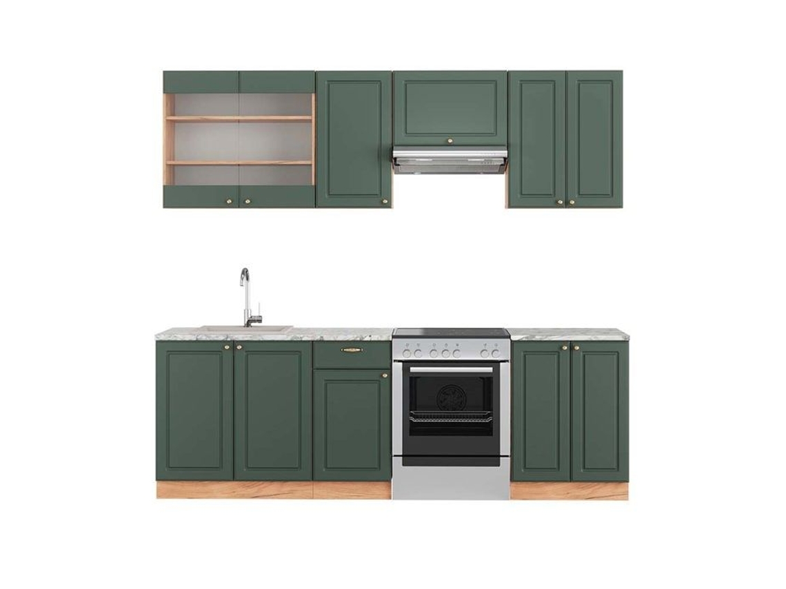 Cozinha Fame-Line, 240 cm, Mármore PT, Carvalho verde e carvalho dourado/dourado, Vicco
