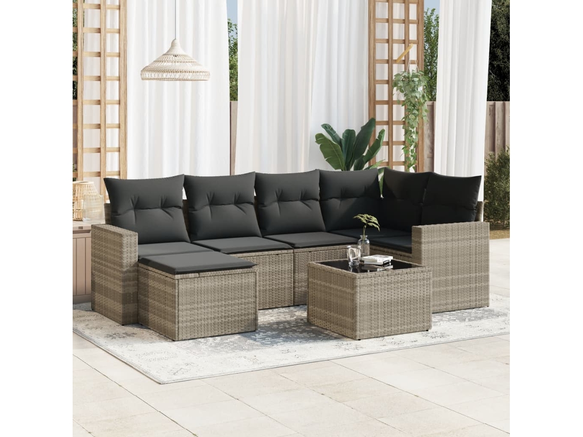 Vidaxl 7 Pcs Conj. Sofás Jardim Com Almofadões Vime Pe Cinzento-claro