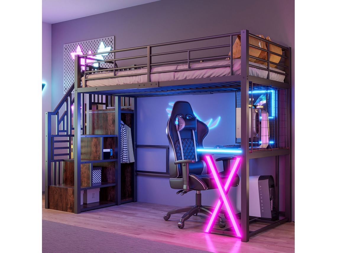 Cama 90x200cm Preto Com Led Prateleiras Escrivaninha Armário Sem Colchão
