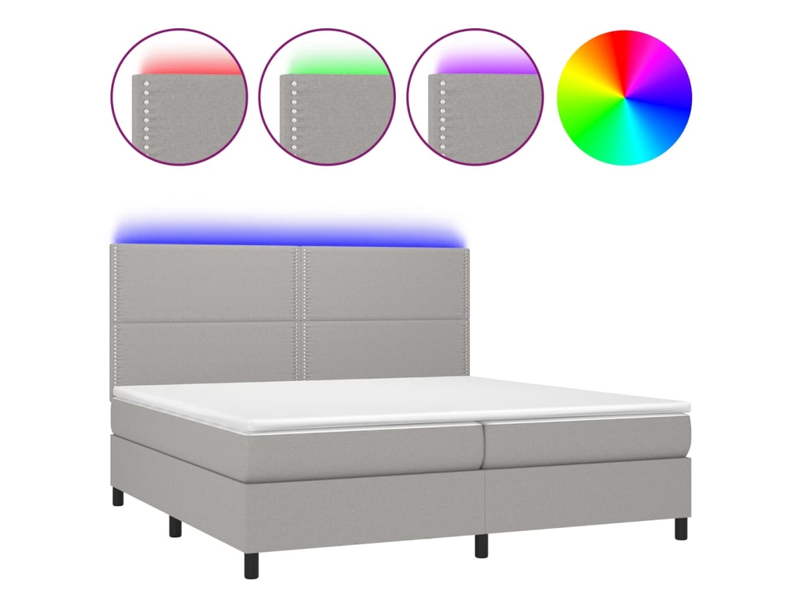 Cama Box Spring com Colchão e Led Tecido Cinza Claro MAISON EXCLUSIVE (200x200 cm)