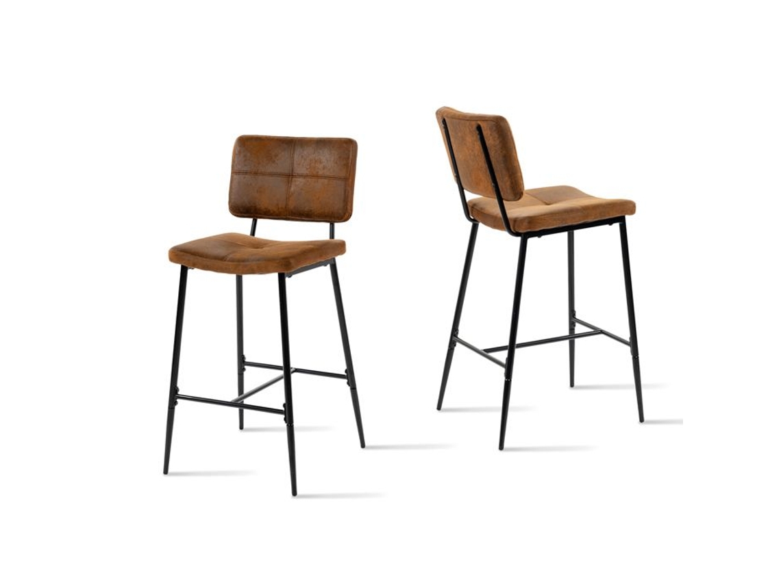 Conjunto De 2 Banquetas De Bar Cadeiras Altas Com Encosto E Apoio Para Os Pés Tecido Em Microfibra Marrom Retrô Vintage Meubles Cosy