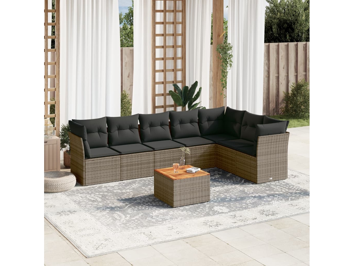 Vidaxl 8 Pcs Conjunto Sofás De Jardim C/ Almofadões Vime Pe Cinzento