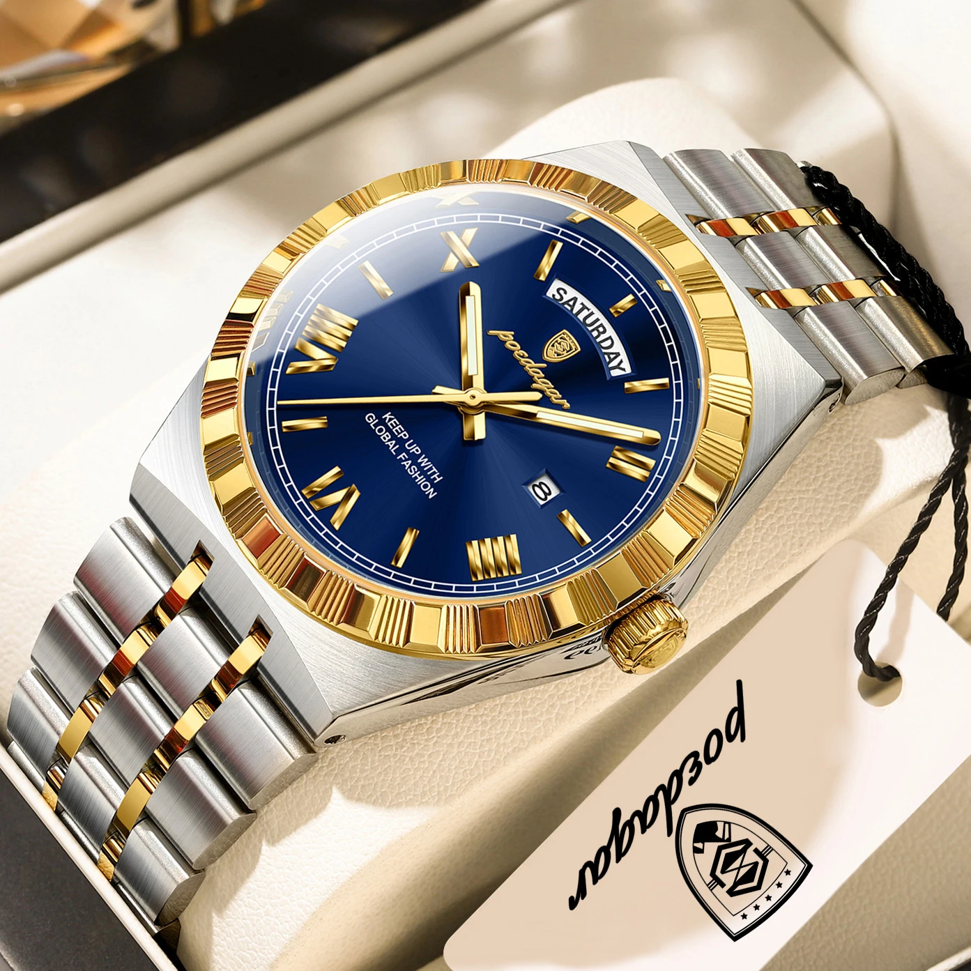 Relógio Masculino (dourado E Azul), Com Exibição De Dia E Data, À Prova D'água E Luminoso, Relógio De Quartzo De Aço Inoxidável De Alta Qualidade.