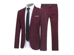 Traje Masculino Slim Fit Formal De Manga Longa Com Gola De Botão, Tecido De Poliéster Para Casamentos E Ocasiões Formais Vermelho