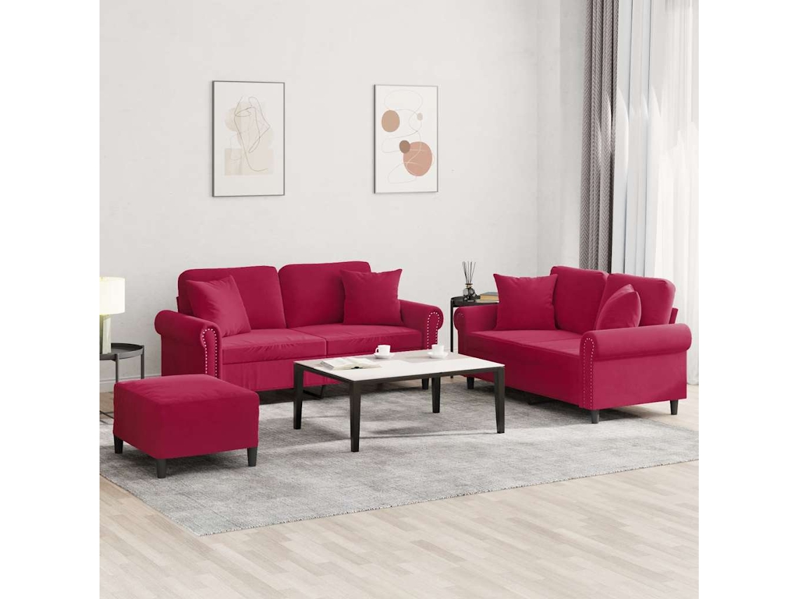 Vidaxl 3 Pcs Conjunto De Sofás Com Almofadas Veludo Vermelho-tinto