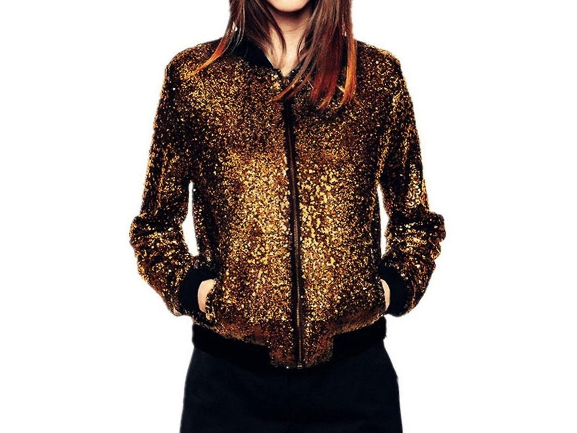 2026 chaqueta Casual Sem Gola Slim com Brilhos para Mulher com Zíper 2xl Oro