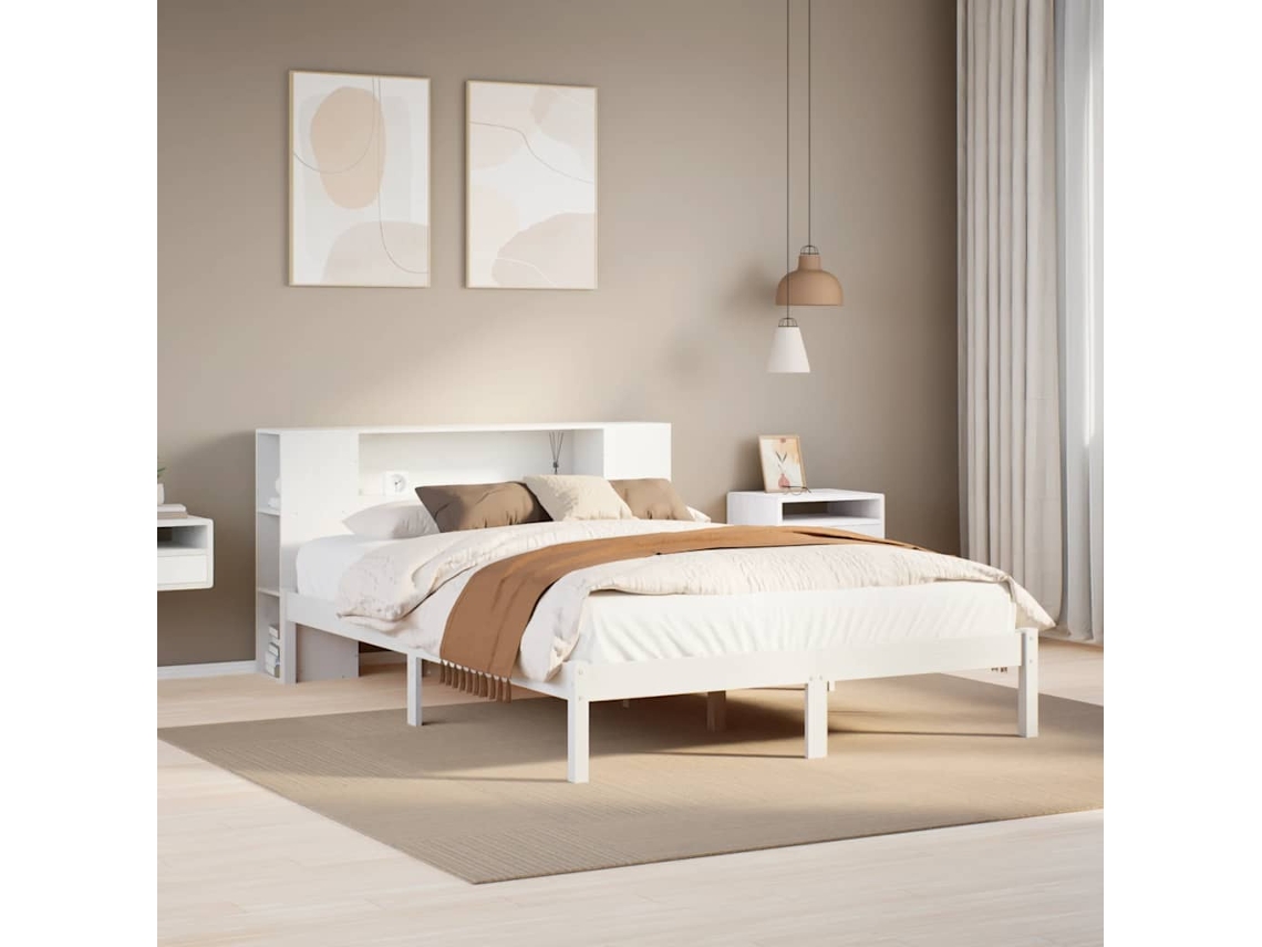 Vidaxl Cama com Estante Sem Colchão 140x200 Cm Pinho Maciço Branco
