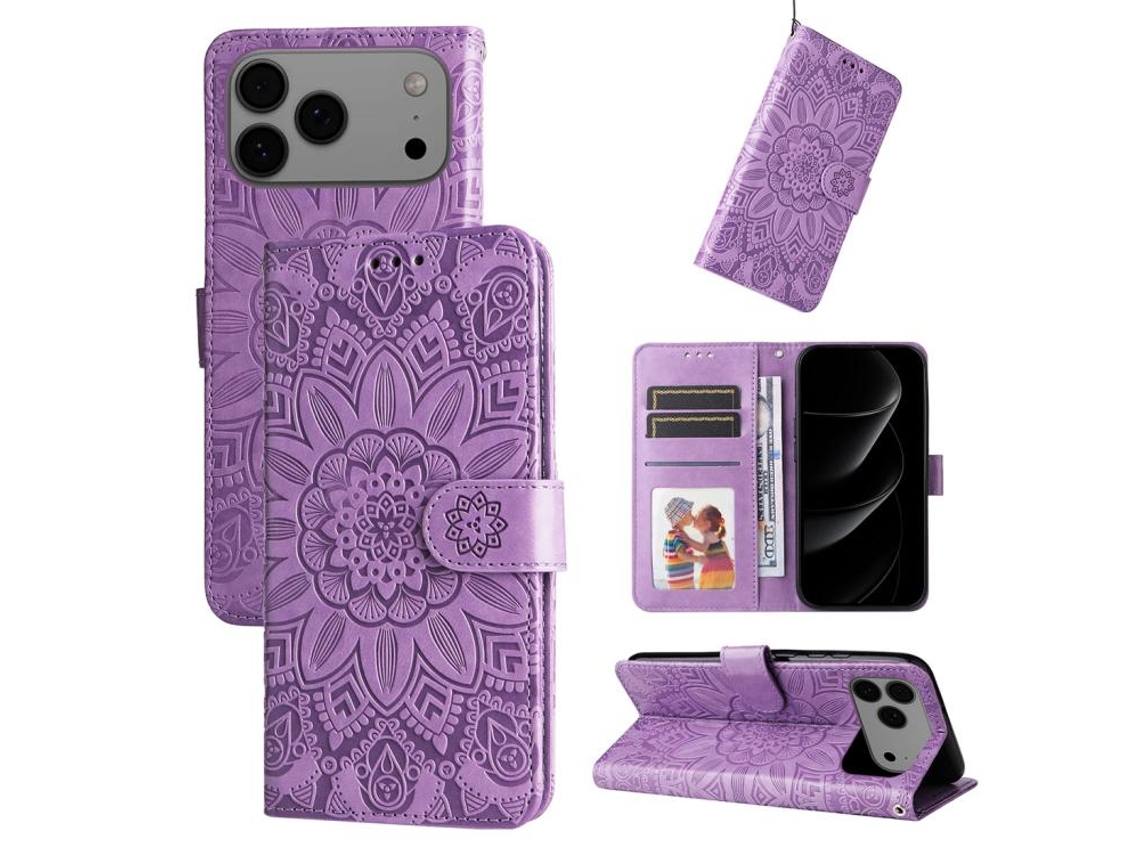 Capa De Couro Para Iphone 17 Pro Max - Estampa De Girassol Em Relevo