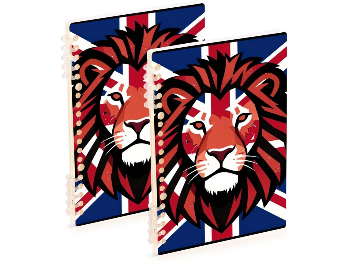 Conjunto de 2 Cadernos Espiral A5 com Estampa Cabeça Leão e Union Jack, 21,1 X 14,5 Cm Resistente Durável