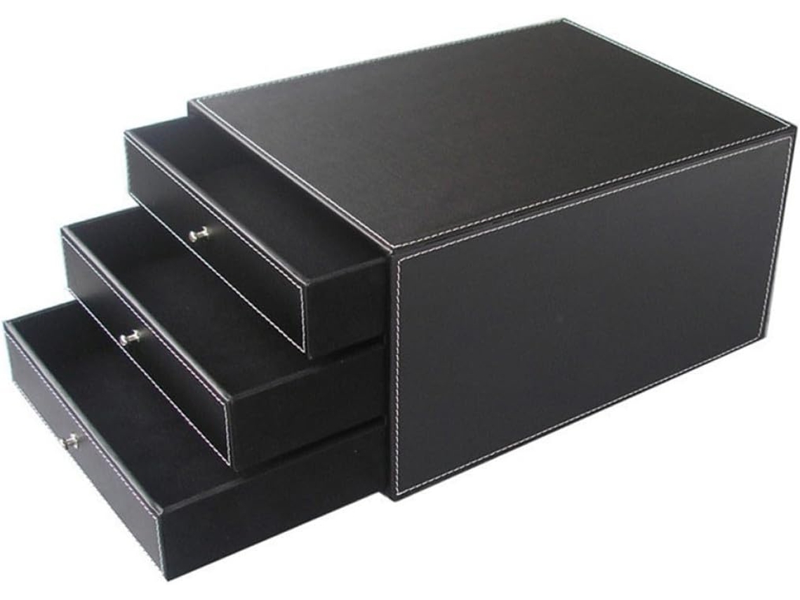 Organizador de Mesa Amosfun Três Camadas em Couro Preto com Estrutura Madeira, Caixa Armazenamento para Joias