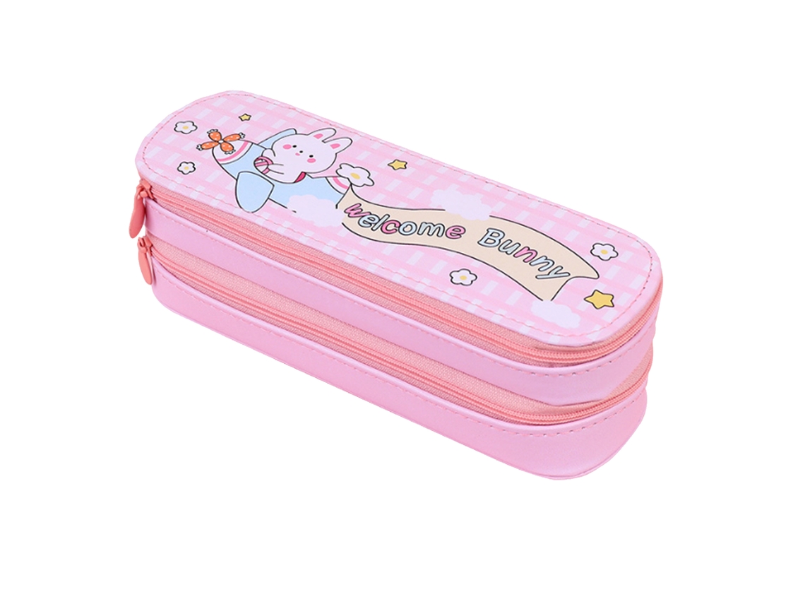 Estuche De Lápices De Doble Capa Para Niñas Estilo Simple Impermeable Con Conejo Avión Rosa