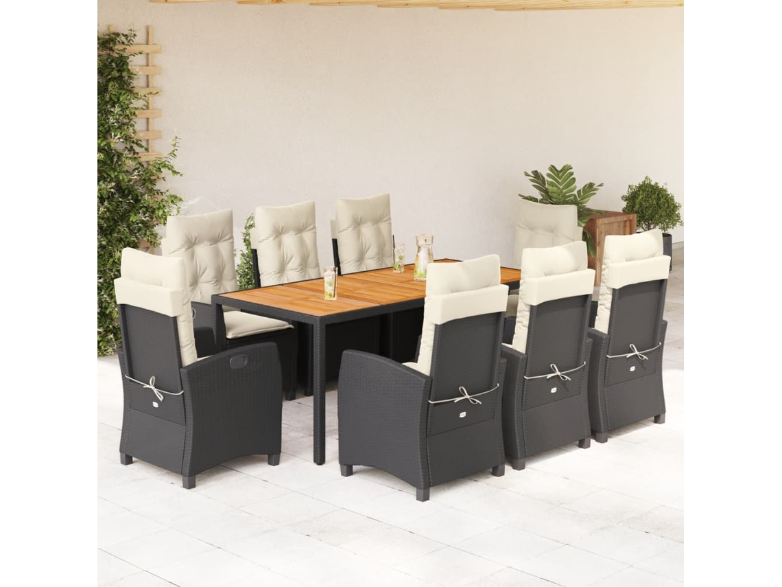 Vidaxl 9 Pcs Conjunto De Jantar P/ Jardim C/ Almofadões Vime Pe Preto
