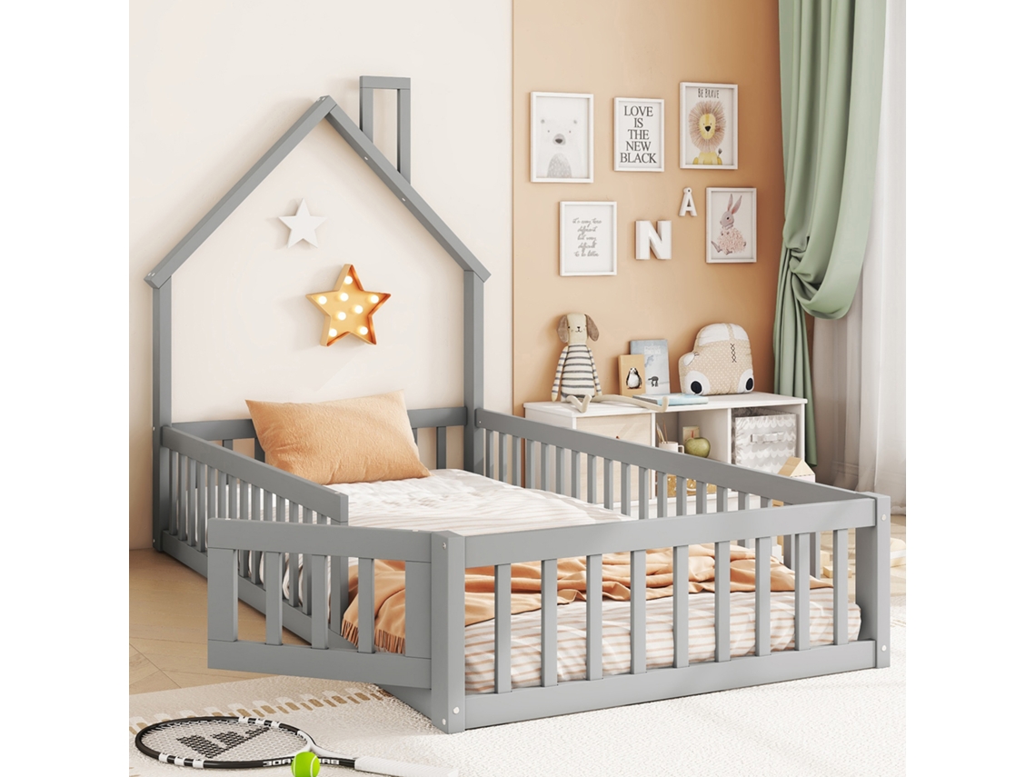 Cama Infantil Pinho 90x200cm Minimalista Cinza Com Chaminé E Prateleira