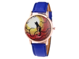 Relógio de quartzo unissex com pulseira de couro PU, mostrador com desenho de gato, estilo casual (azul)