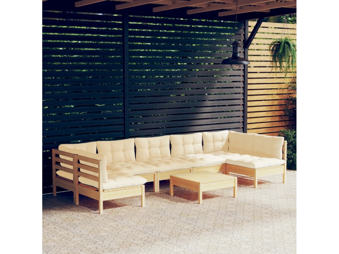 Vidaxl 8 Pcs Conjunto Lounge Jardim C/ Almofadões Creme Pinho Maciço