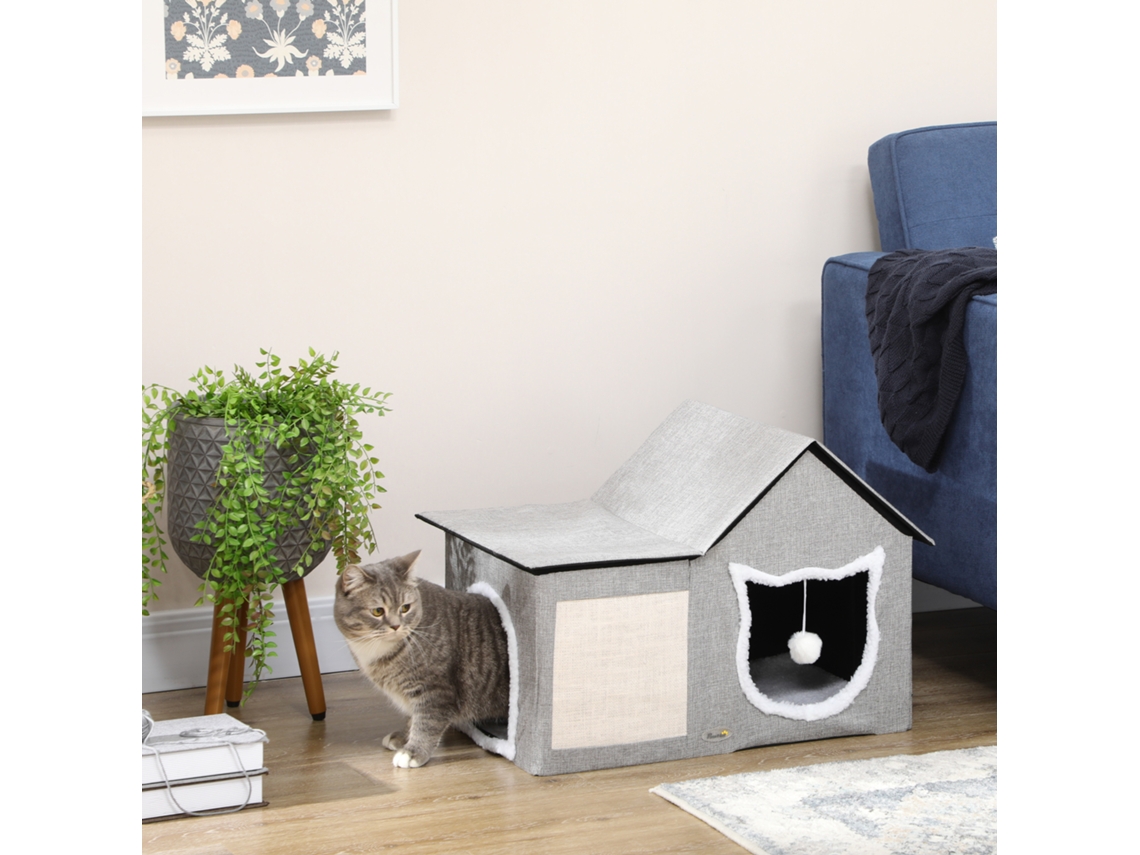 Casa para gatos, 65x41x45,5cm, com almofada, arranhador, bola pendurada
