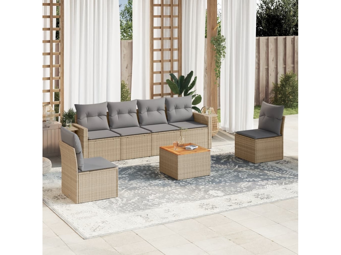 Vidaxl 7 Pcs Conj. Sofás Jardim C/ Almofadões Vime Pe Bege Misturado