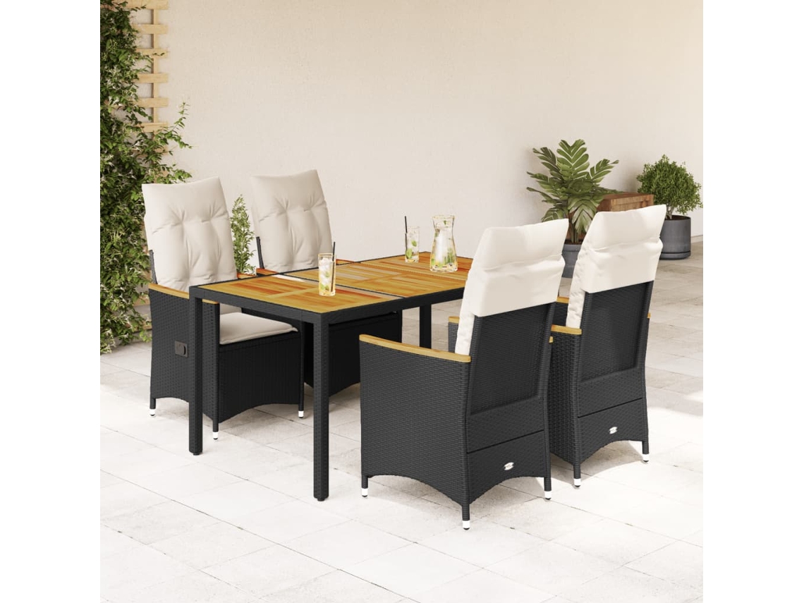 Vidaxl 5 Pcs Conjunto De Jantar P/ Jardim C/ Almofadões Vime Pe Preto