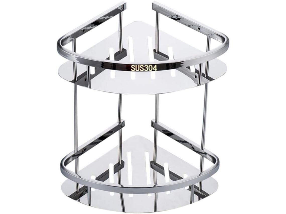 Prateleira De Canto Em Aço Inoxidável, Suporte Triangular De Metal, Dupla Camada, Prateada, Vazada, Antiferrugem