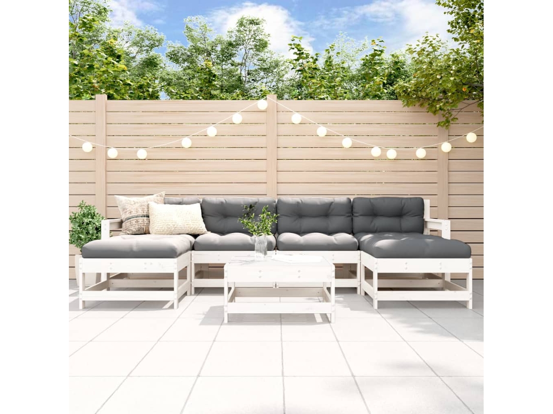 Vidaxl 7pcs Conjunto Lounge Jardim C/ Almofadões Madeira Maciça Branco