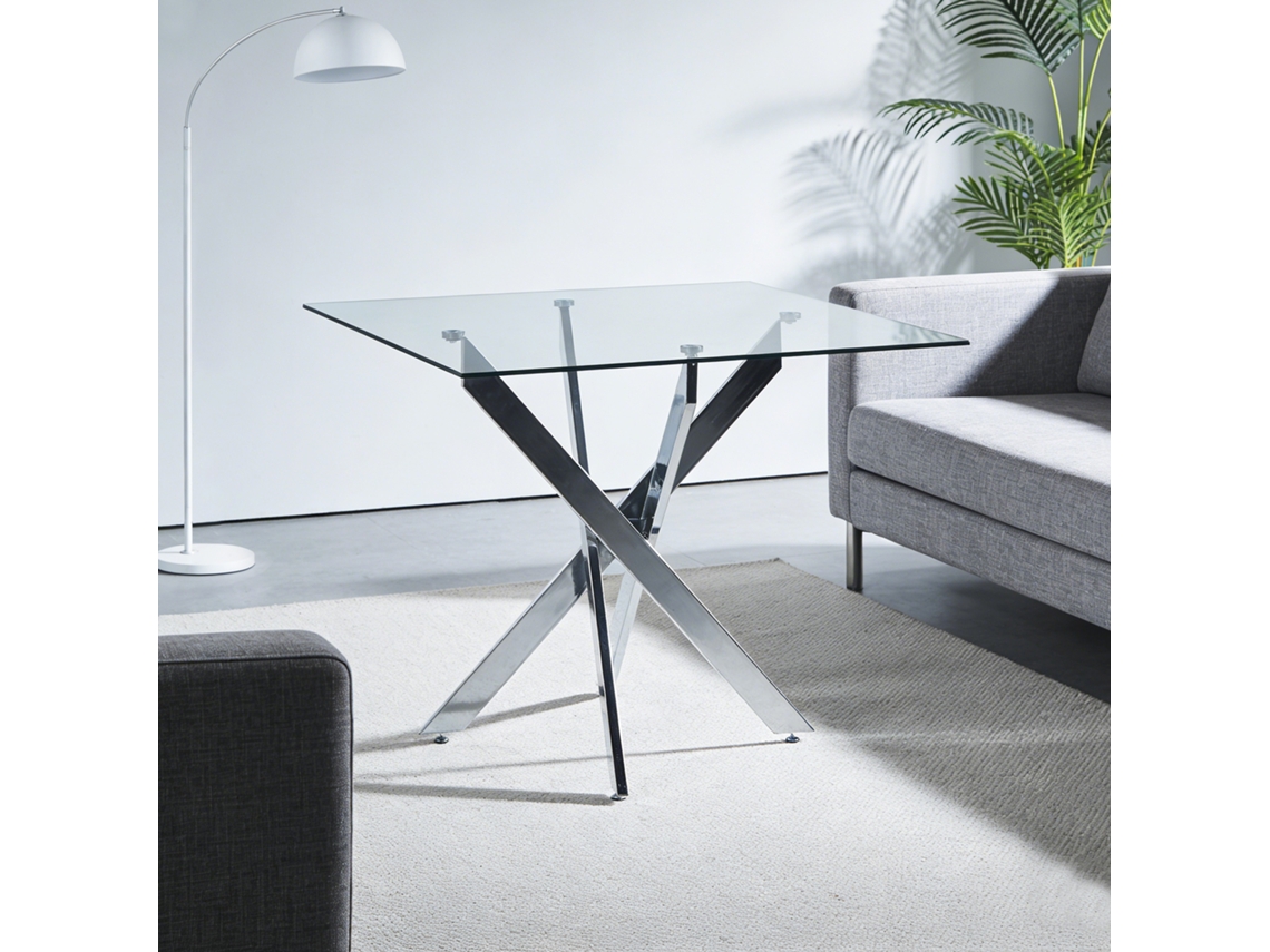 Mesa Vidro Cruz Quadrada Prata 80x80x75cm VELTRIX