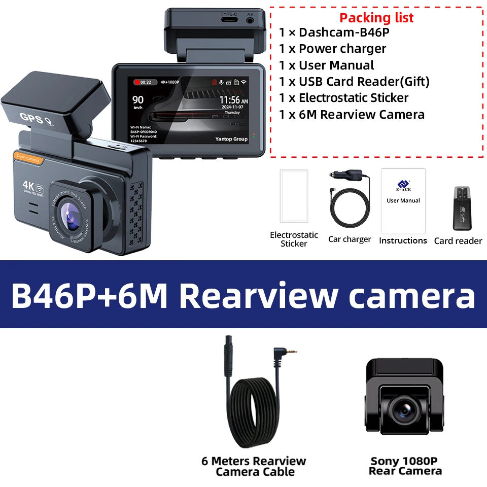 (128g) Dvr Automotivo 4k Com Lentes Duplas, Tela De 3 Polegadas E Gps/wi-fi