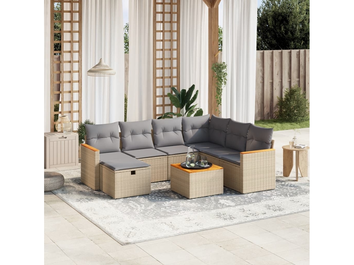 Vidaxl 8 Pcs Conj. Sofás Jardim C/ Almofadões Vime Pe Bege Misturado