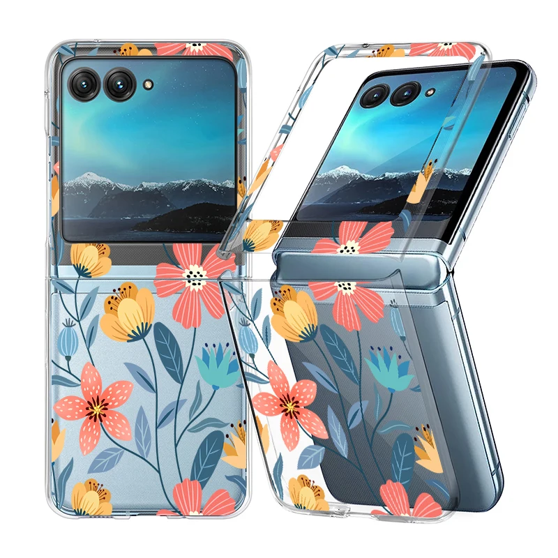 (a425) Capa Dobrável Transparente Com Estampa Floral Para Razr 50 Ultra, Em Policarbonato Rígido À Prova De Choque.
